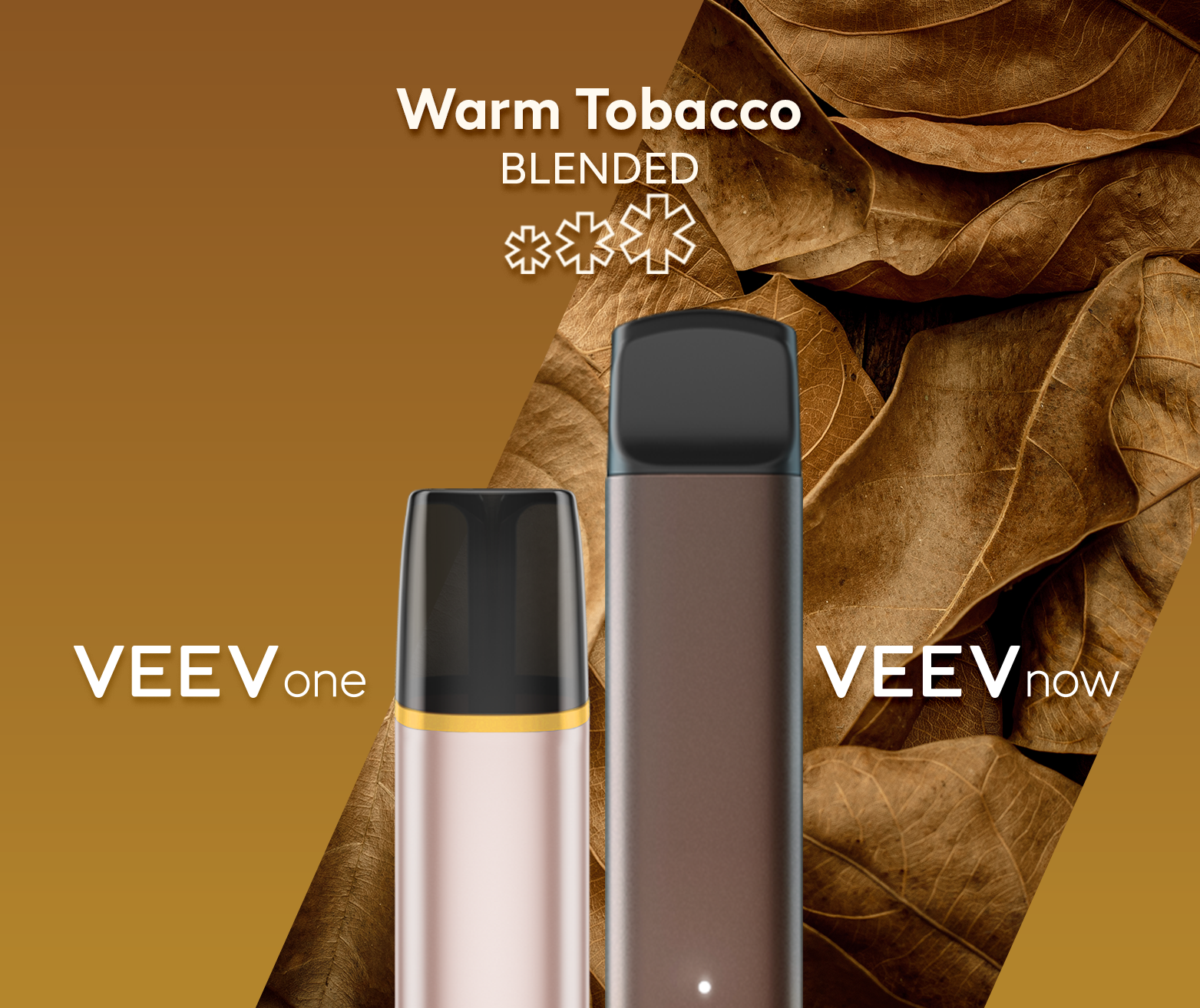 A VEEV ONE pod device and VEEV NOW disposable, both in Warm Tobacco flavour